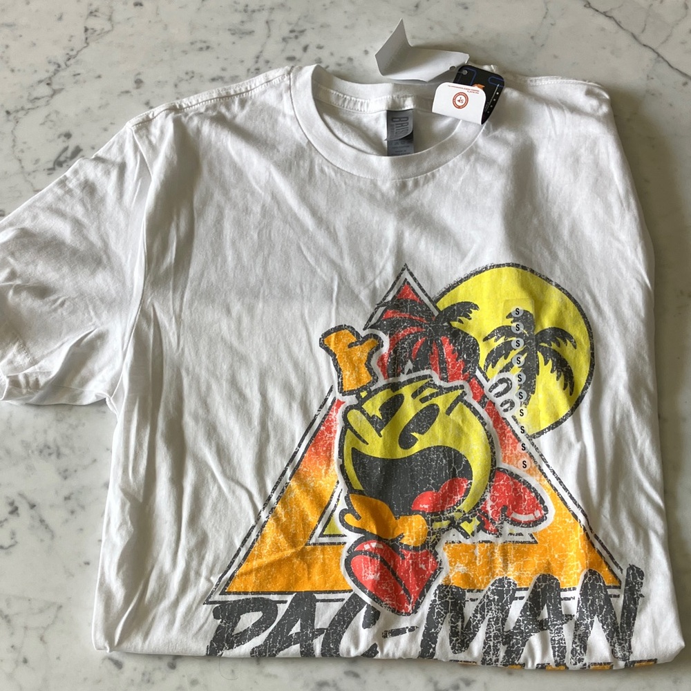 Vintage White Pac-Man Graphic Tee with Yellow & Red Accents
